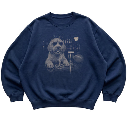 Navy Beer and Football Labradoodle sweatshirt, laid flat