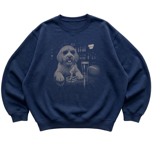 Navy Beer and Football Labradoodle sweatshirt, laid flat