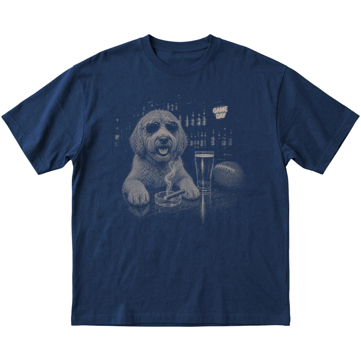 Navy Beer and Football Labradoodle T-shirt, laid flat