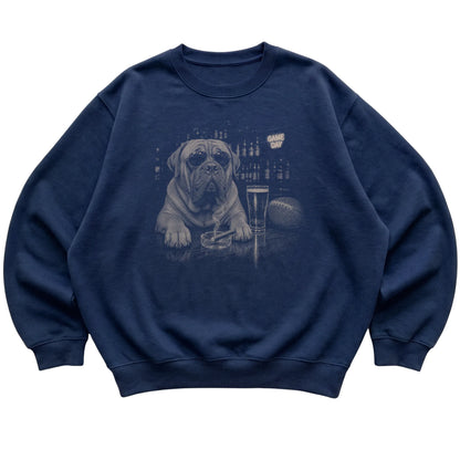 Navy Beer and Football Mastiff sweatshirt, laid flat