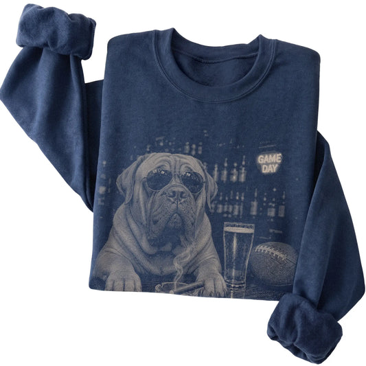 Navy Beer and Football Mastiff sweatshirt, folded