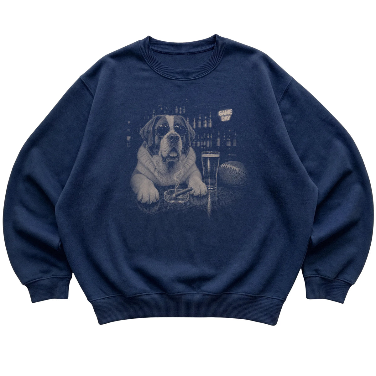 Navy Beer and Football Saint Bernard sweatshirt, laid flat