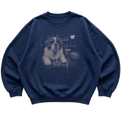 Navy Beer and Football Saint Bernard sweatshirt, laid flat