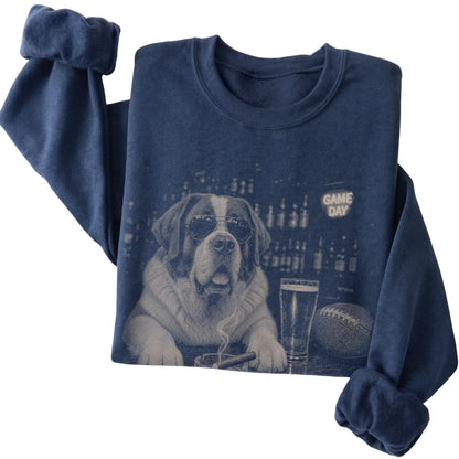 Navy Beer and Football Saint Bernard sweatshirt, folded