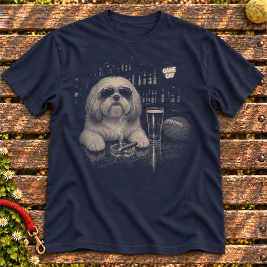 Shih Tzu Beer and Football Shirt on a Navy T-shirt, shown flat