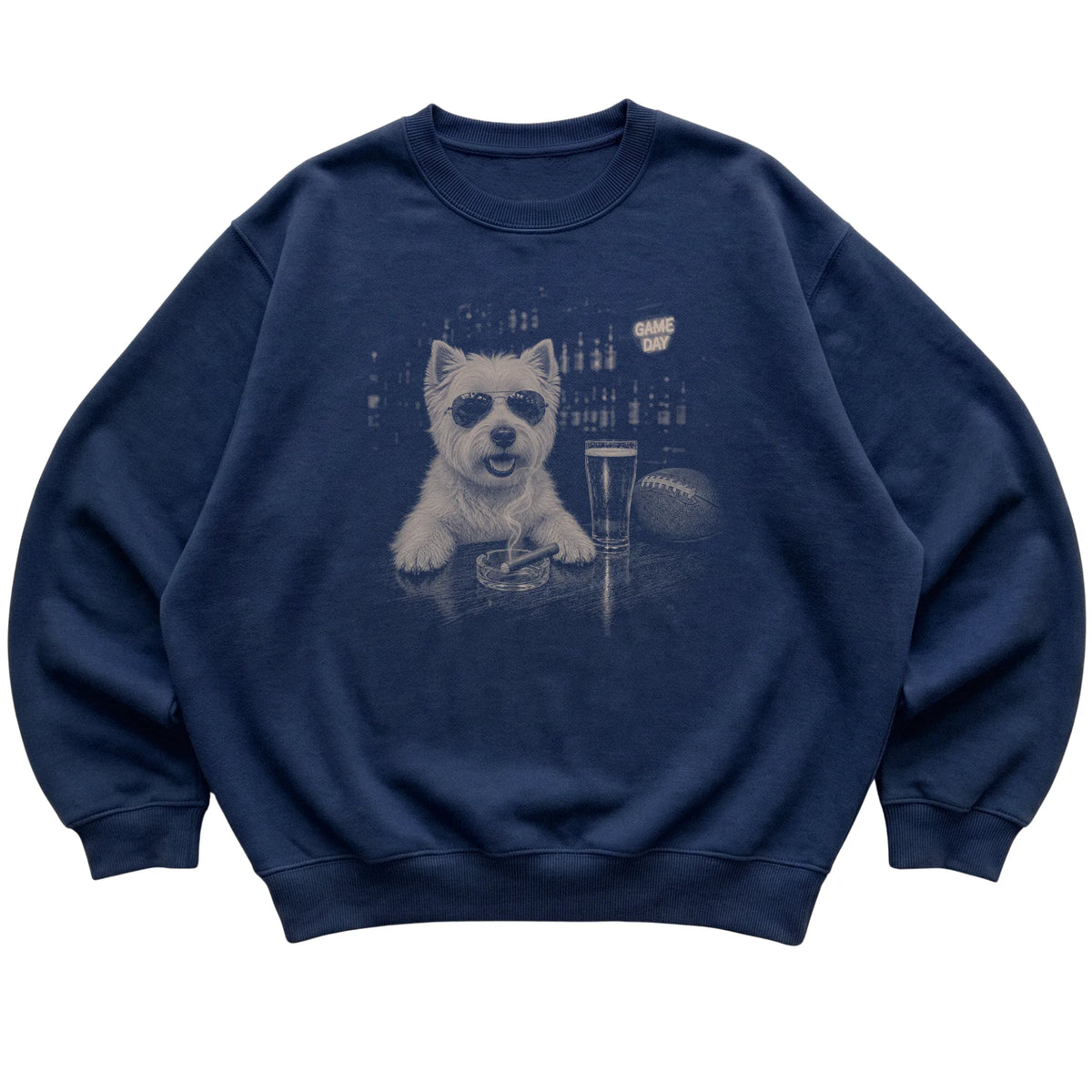 Navy Beer and Football Westie sweatshirt, laid flat