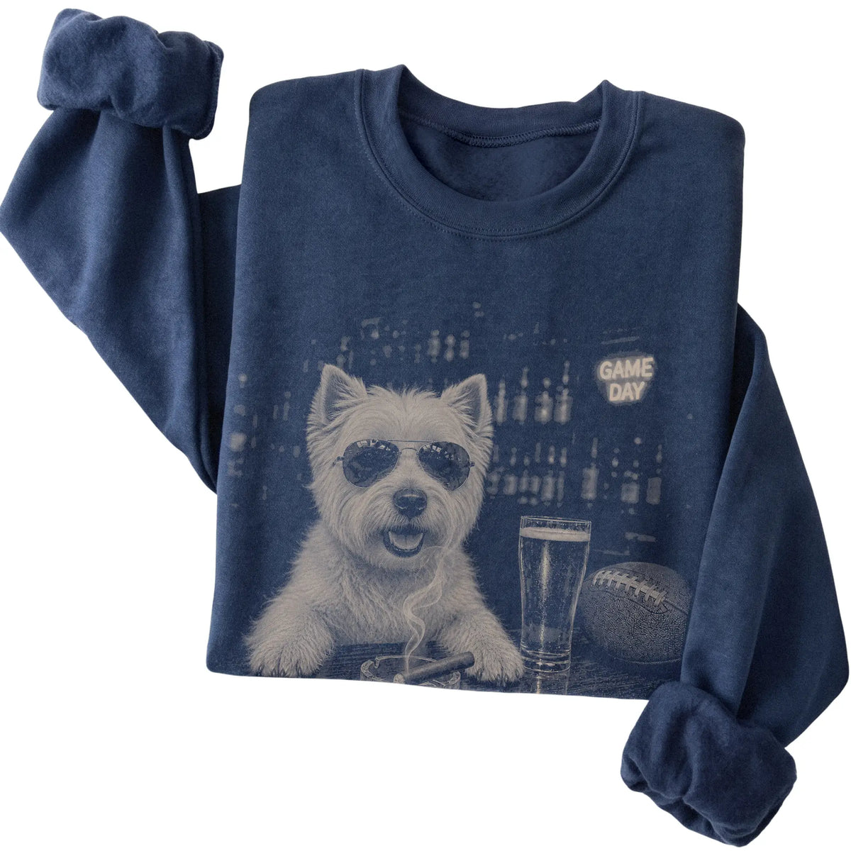 Navy Beer and Football Westie sweatshirt, folded
