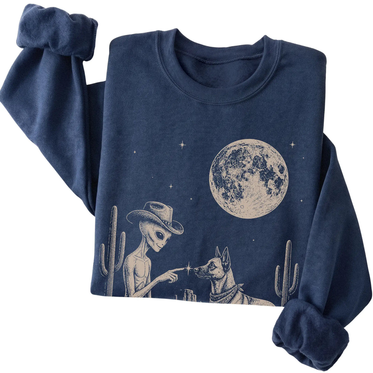 Navy crewneck sweatshirt featuring Belgian Malinois Cowboy and Alien, folded presentation