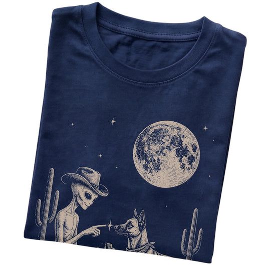 Navy T-shirt featuring Belgian Malinois Cowboy and Alien, folded presentation