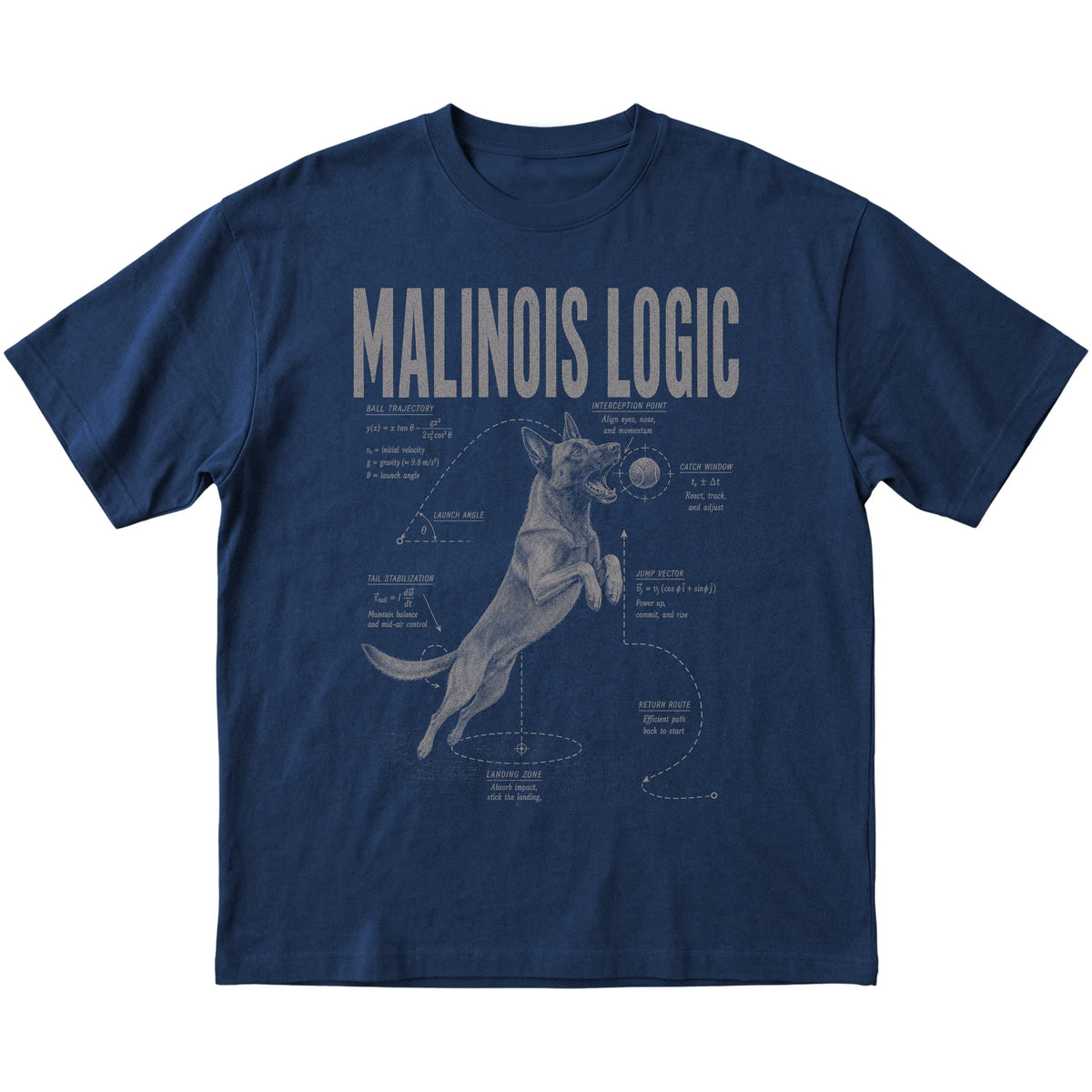 Navy Belgian Malinois Ball Logic T-Shirt laid flat