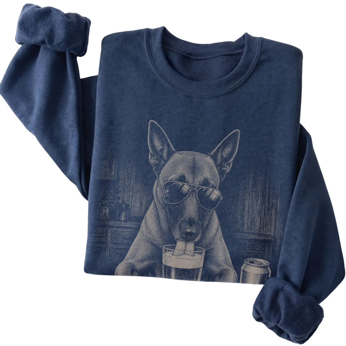 Navy Belgian Malinois drinking from a pint at a bar, folded detail view
