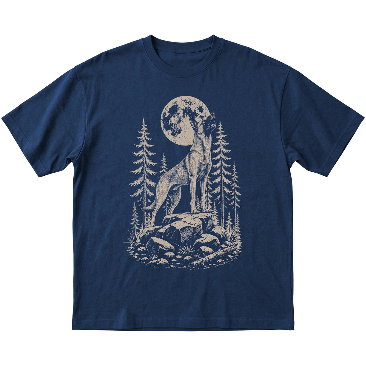Close view of Belgian Malinois Howling at the Moon artwork on Navy softstyle T-shirt