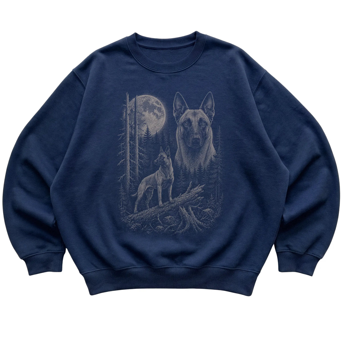 Belgian Malinois Moonlit Forest graphic on a navy crewneck sweatshirt laid flat