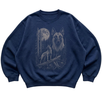 Belgian Malinois Moonlit Forest graphic on a navy crewneck sweatshirt laid flat