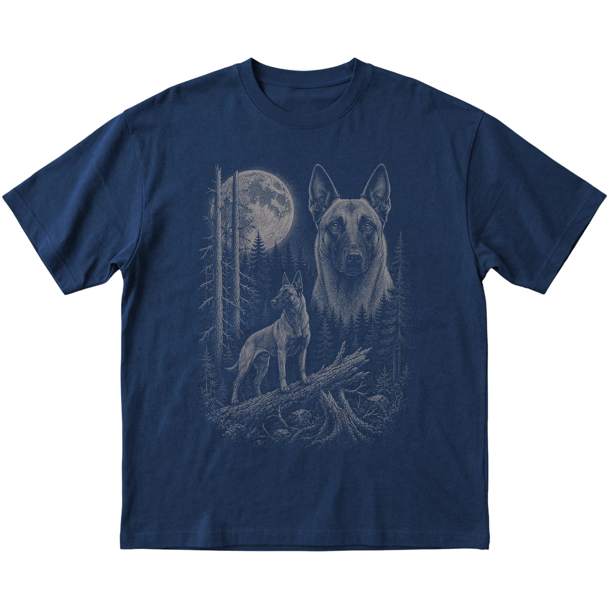 Belgian Malinois Moonlit Forest graphic on a navy Softstyle T-shirt laid flat