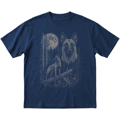 Belgian Malinois Moonlit Forest graphic on a navy Softstyle T-shirt laid flat