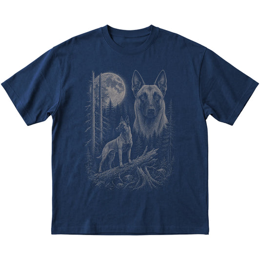 Belgian Malinois Moonlit Forest graphic on a navy Softstyle T-shirt laid flat