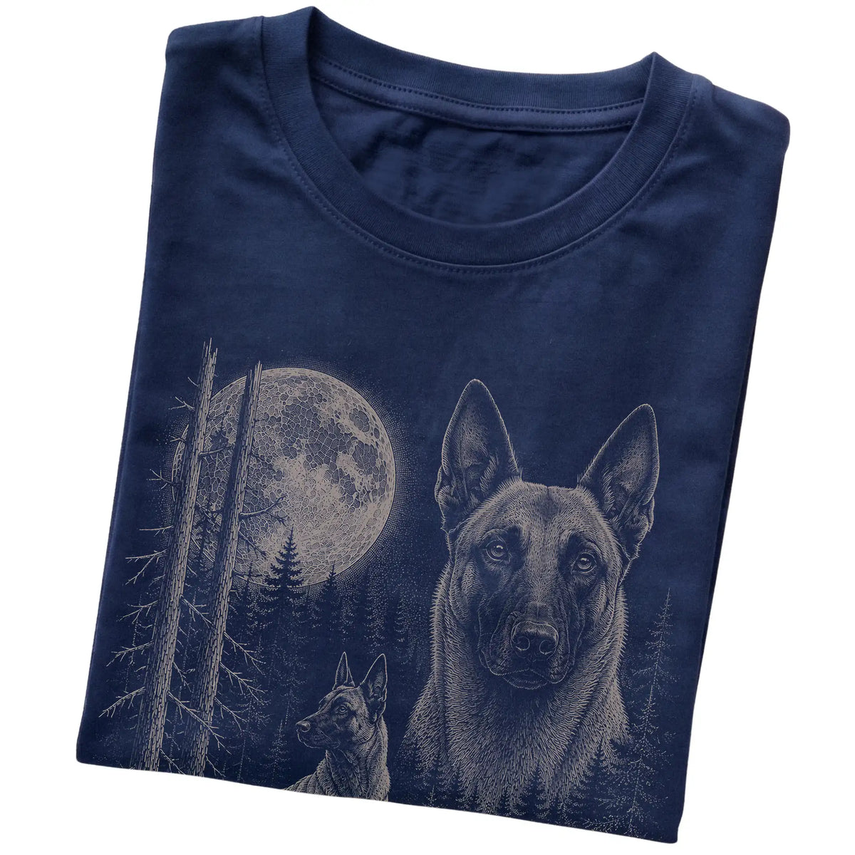 Folded navy Softstyle T-shirt showing the Belgian Malinois Moonlit Forest graphic