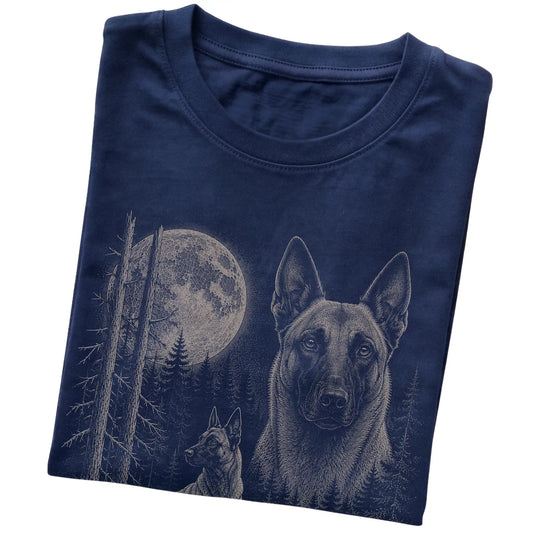 Folded navy Softstyle T-shirt showing the Belgian Malinois Moonlit Forest graphic