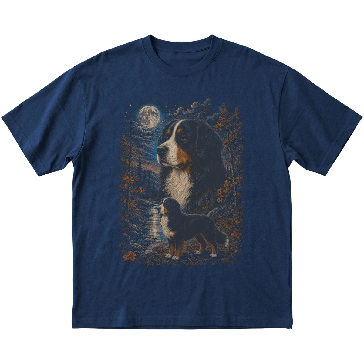 navy T-shirt with Bernese Mountain Dog Autumn Moon artwork.