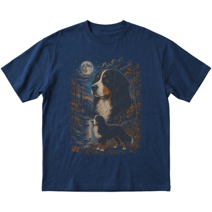 navy T-shirt with Bernese Mountain Dog Autumn Moon artwork.