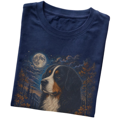 Folded navy T-shirt with Bernese Mountain Dog Autumn Moon artwork.