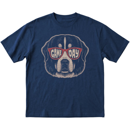 Navy Bernese Mountain Dog Game Day Sunglasses T-shirt, laid flat