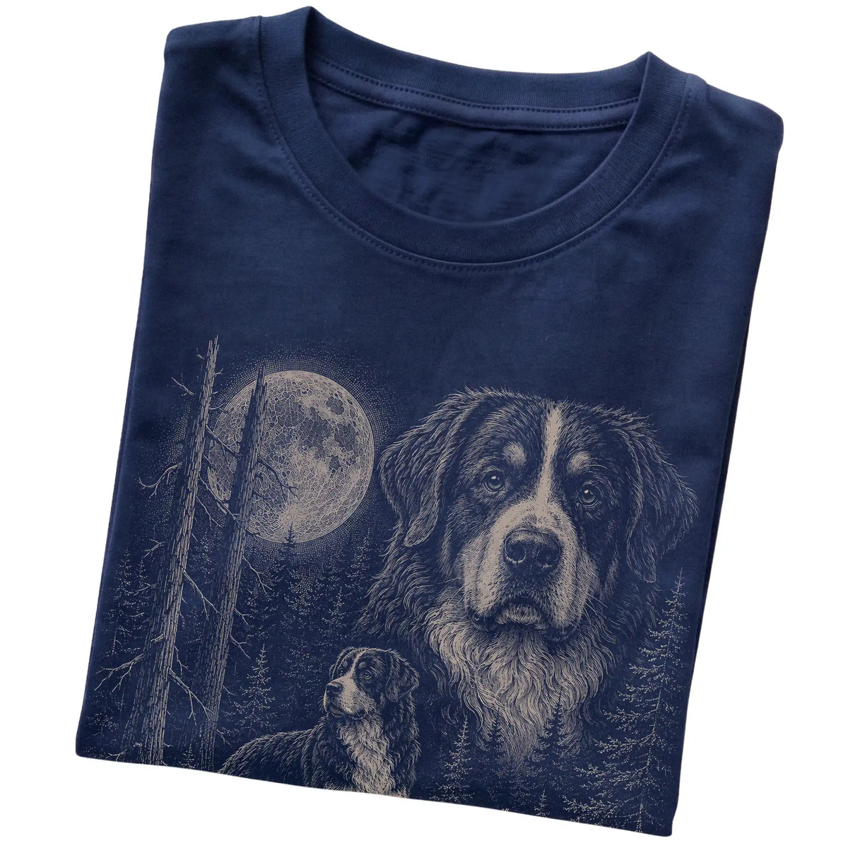 Folded navy Softstyle T-shirt showing the Bernese Mountain Dog Moonlit Forest graphic