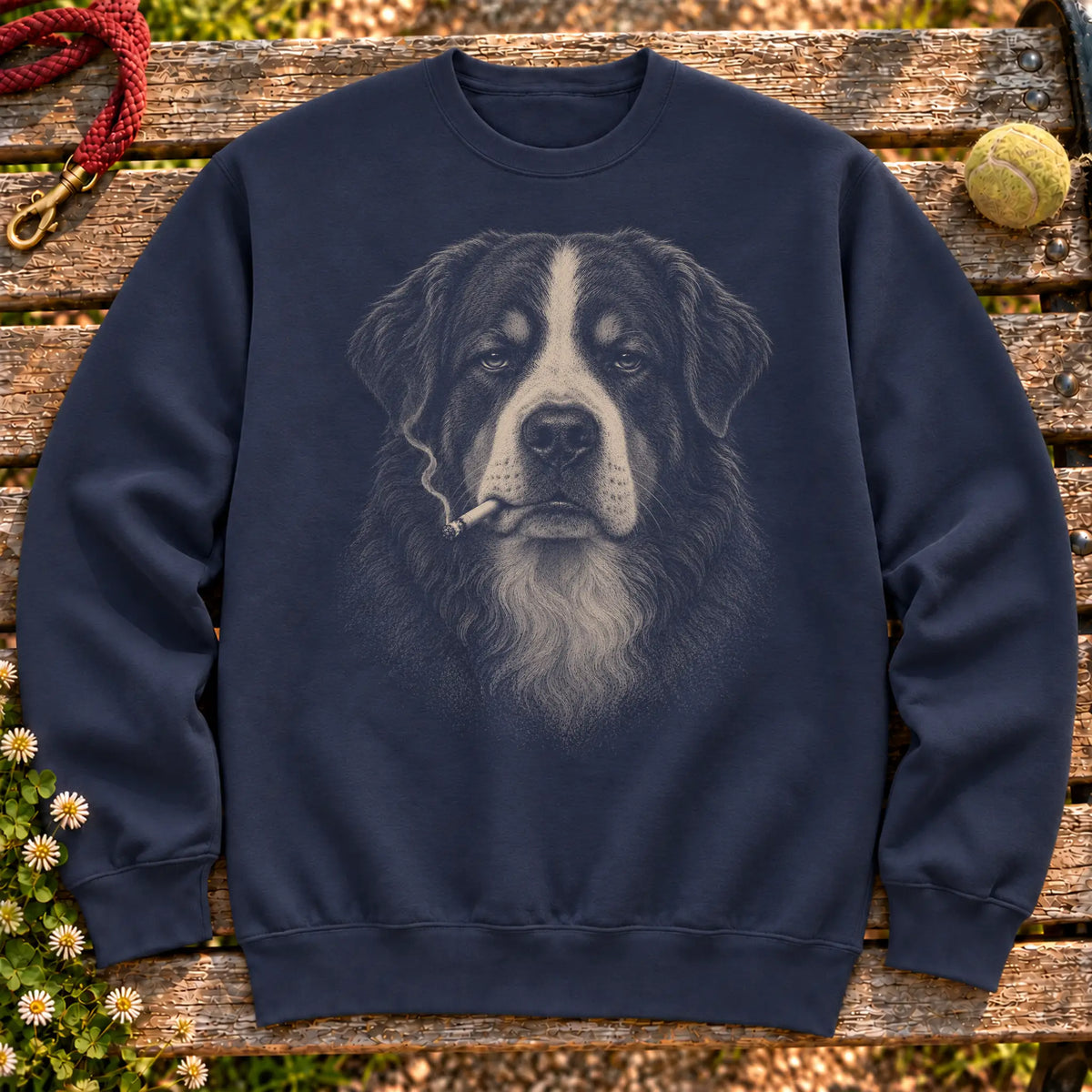 Bernese Mountain Dog smoking design on a Navy sweatshirt