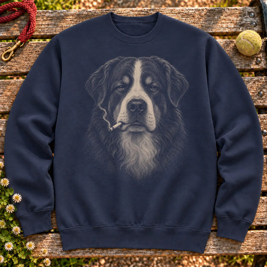 Bernese Mountain Dog smoking design on a Navy sweatshirt