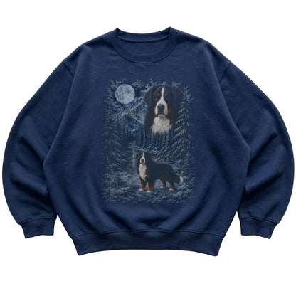 navy sweatshirt with Bernese Mountain Dog Winter Moon artwork.