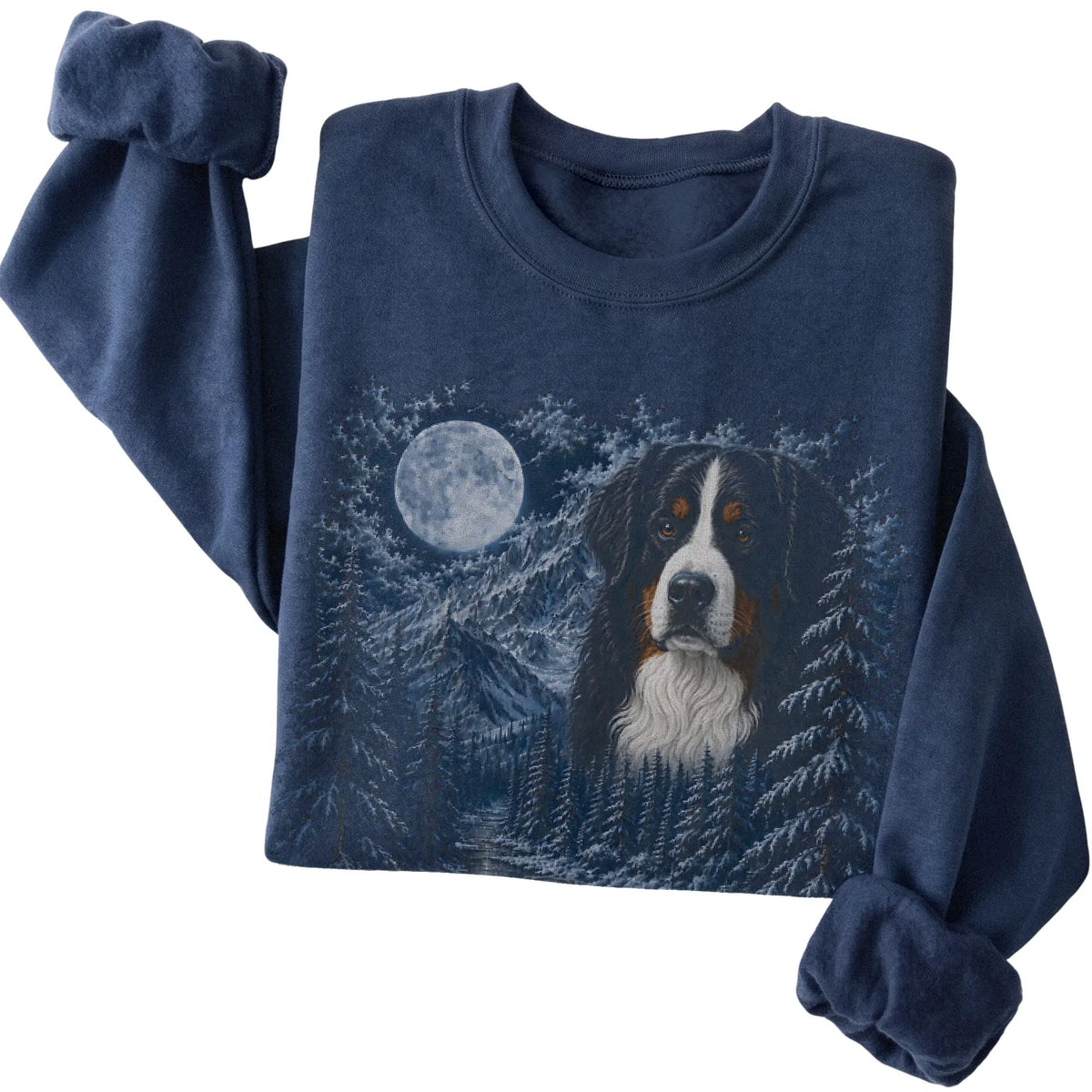 Folded navy sweatshirt with Bernese Mountain Dog Winter Moon artwork.
