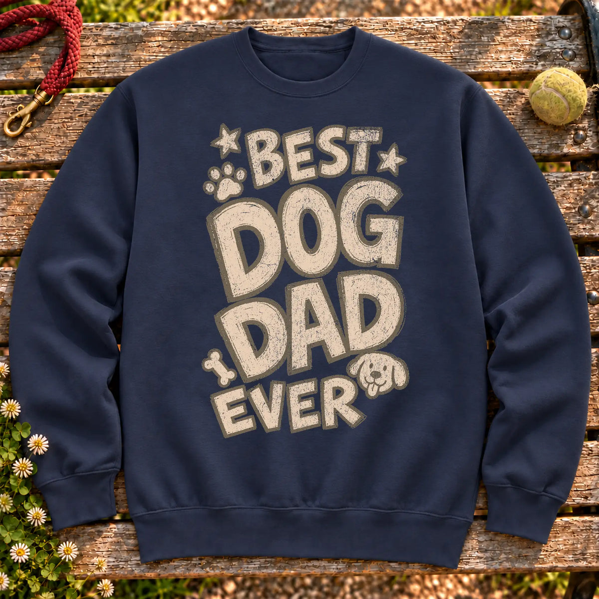 Best Dog Dad Ever on a Navy crewneck sweatshirt, shown flat