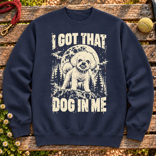 Navy Bichon Frise I Got That Dog in Me sweatshirt, full garment view
