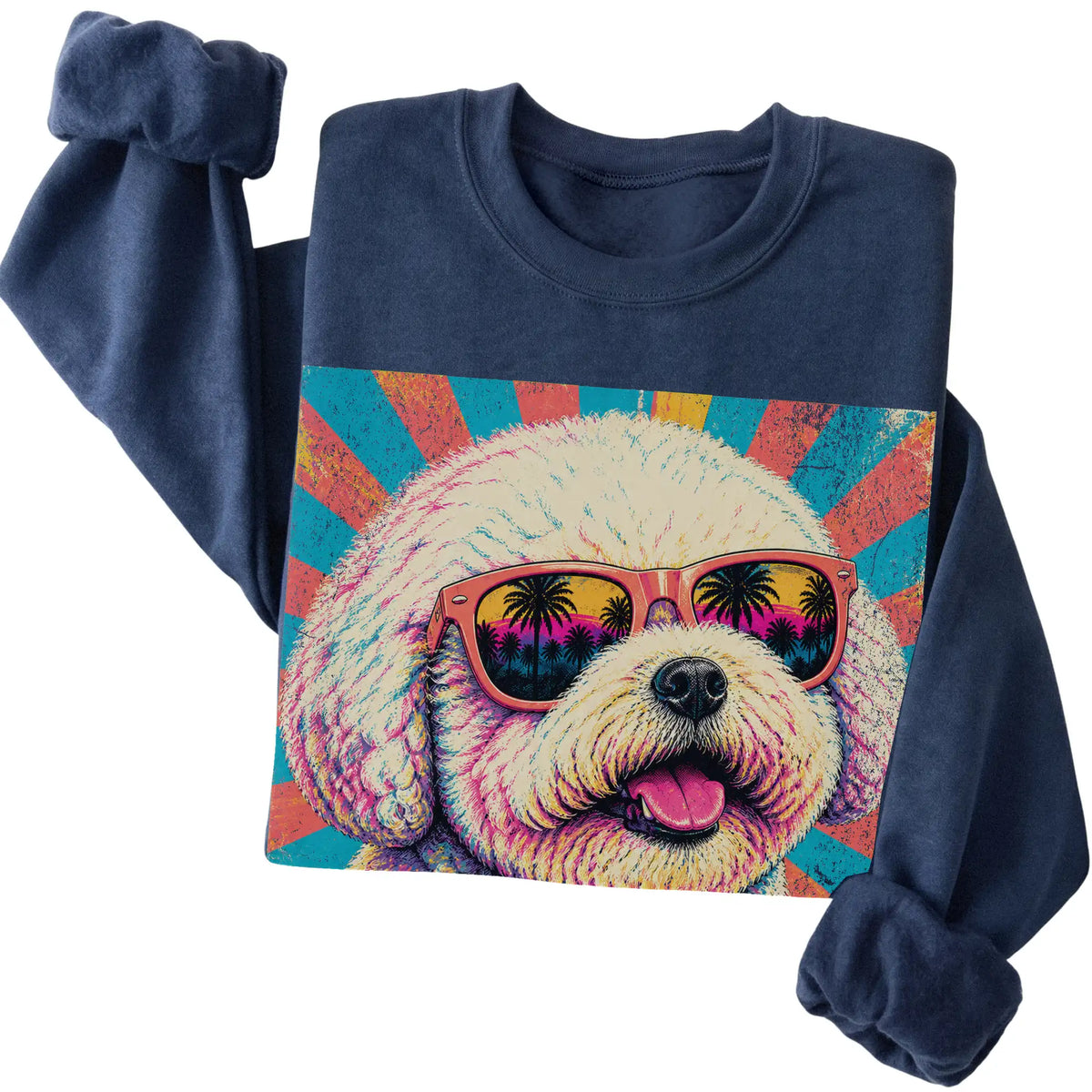 Folded Navy crewneck sweatshirt with a Retro Bichon Frise Mama design
