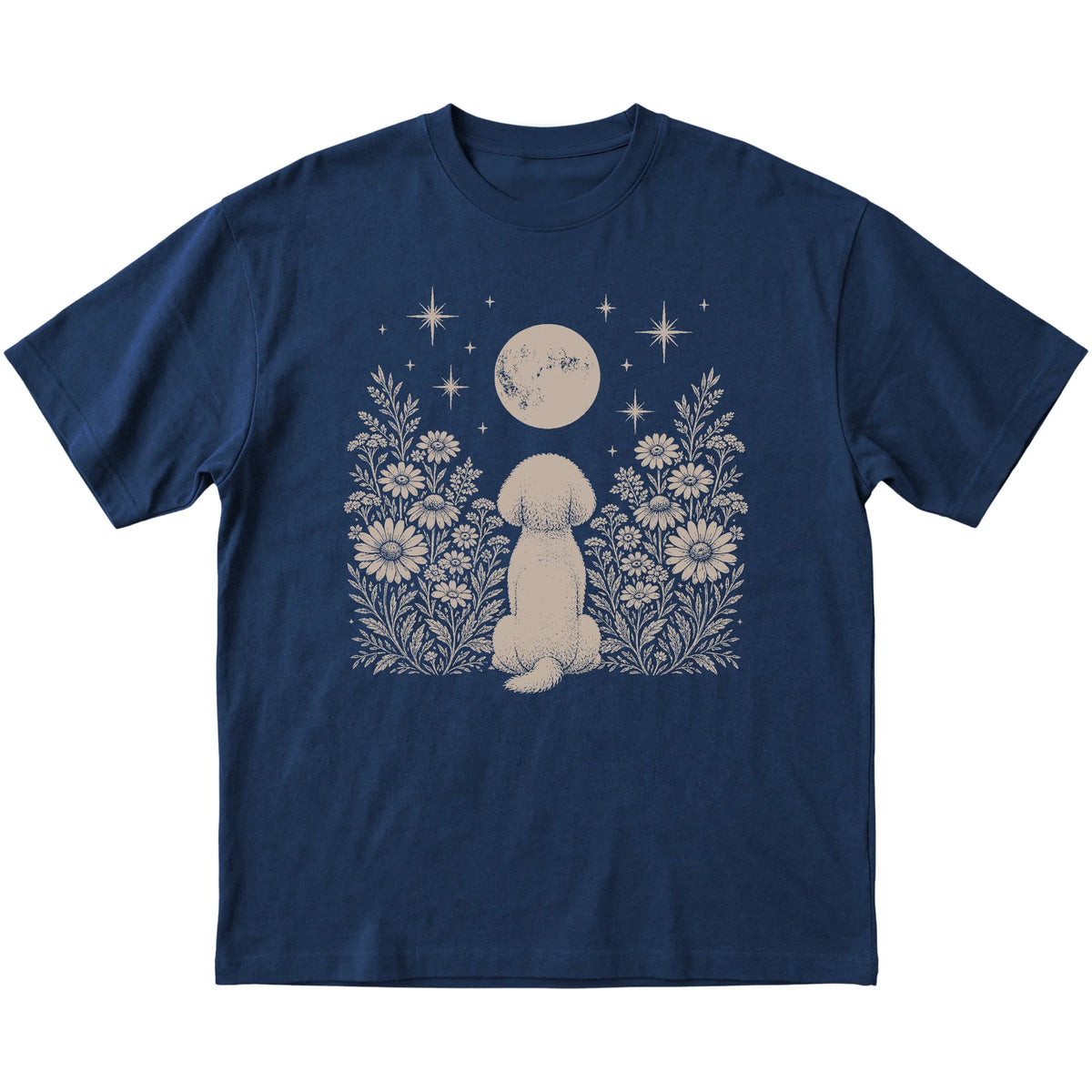 Navy T-shirt featuring Wildflower Moon Bichon Frise, laid-flat presentation