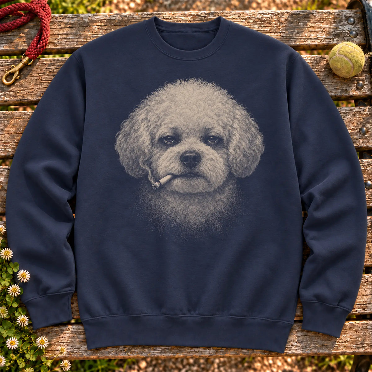 Bichon Frise smoking design on a Navy sweatshirt