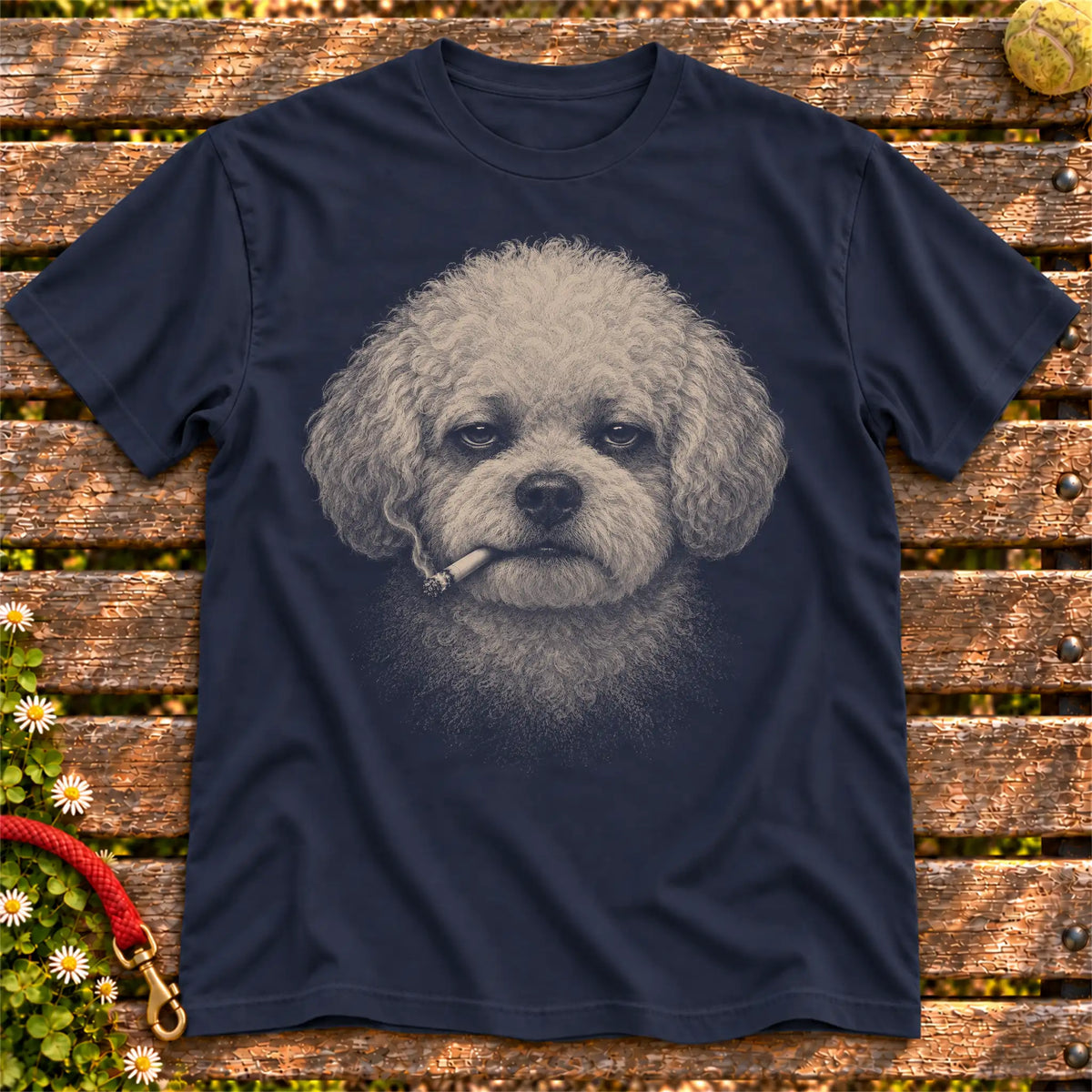 Bichon Frise smoking design on a Navy t-shirt