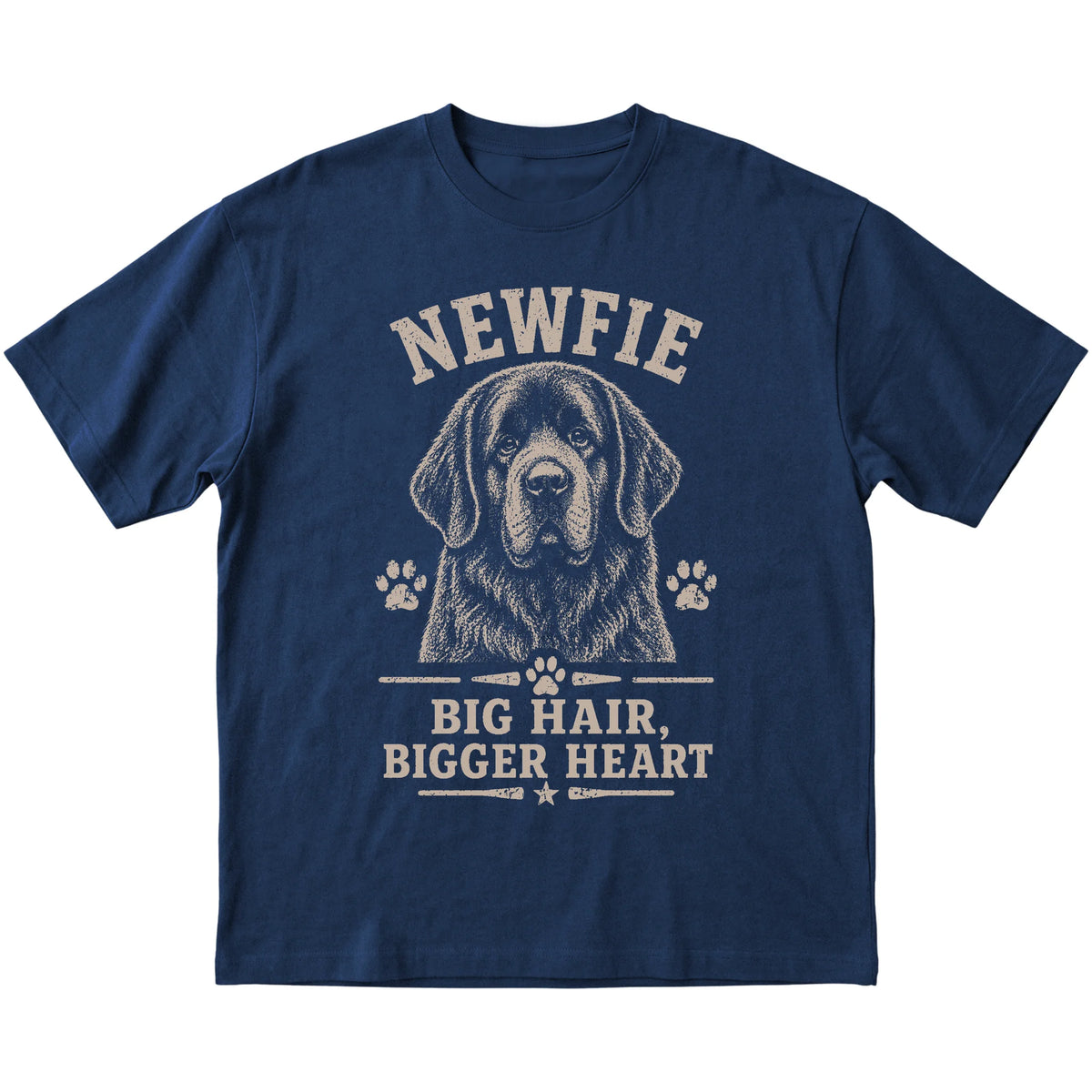 Navy T-shirt featuring Big Hair, Bigger Heart - Newfie, laid-flat presentation