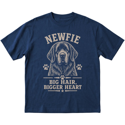 Navy T-shirt featuring Big Hair, Bigger Heart - Newfie, laid-flat presentation