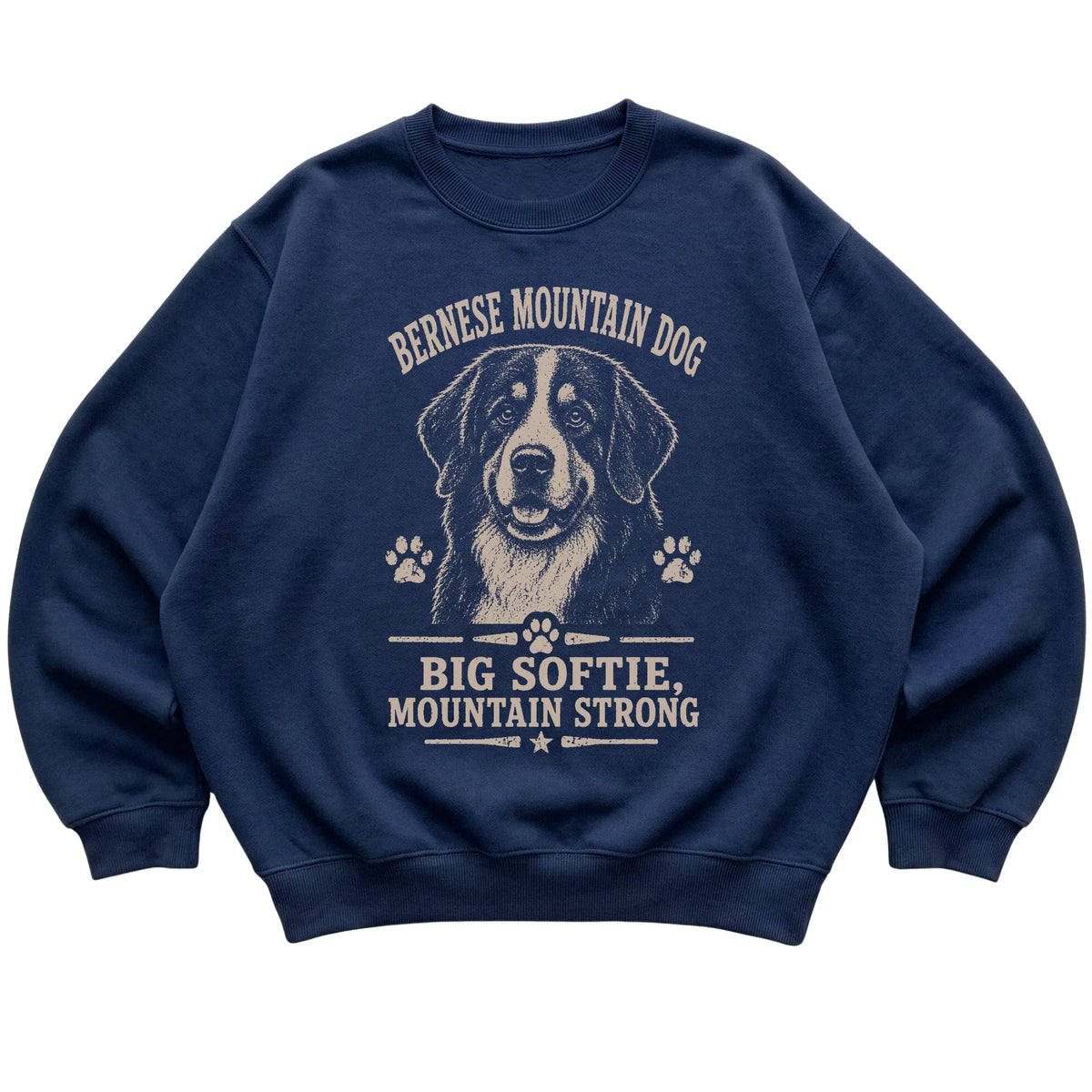Navy crewneck sweatshirt featuring Big Softie, Mountain Strong - Bernese Mountain Dog, laid-flat presentation