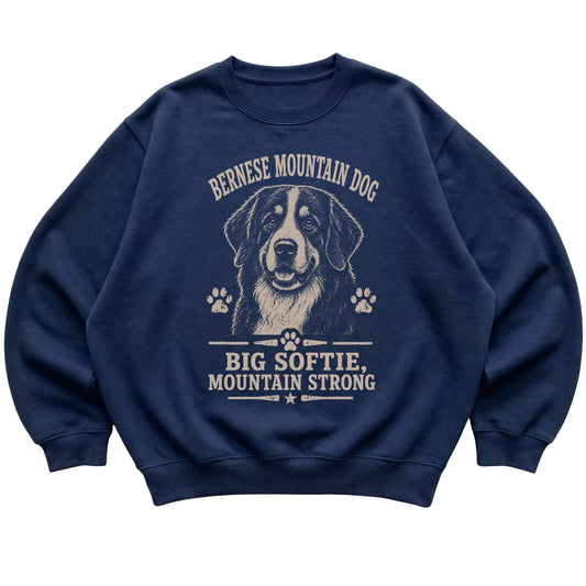 Navy crewneck sweatshirt featuring Big Softie, Mountain Strong - Bernese Mountain Dog, laid-flat presentation