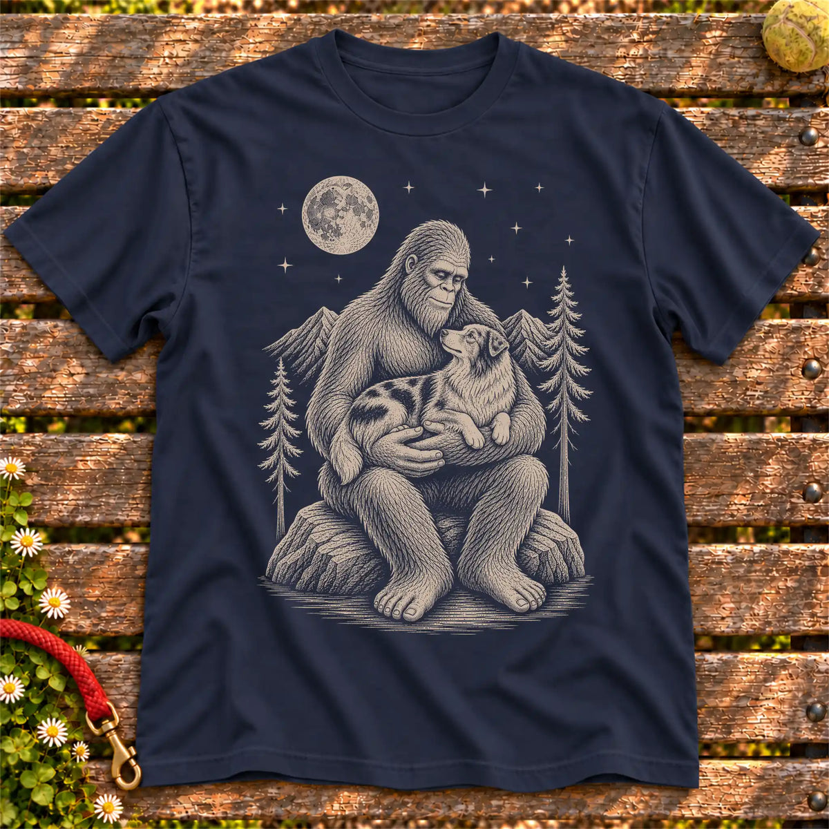 Australian Shepherd Bigfoot Holding on a Navy T-shirt, shown flat