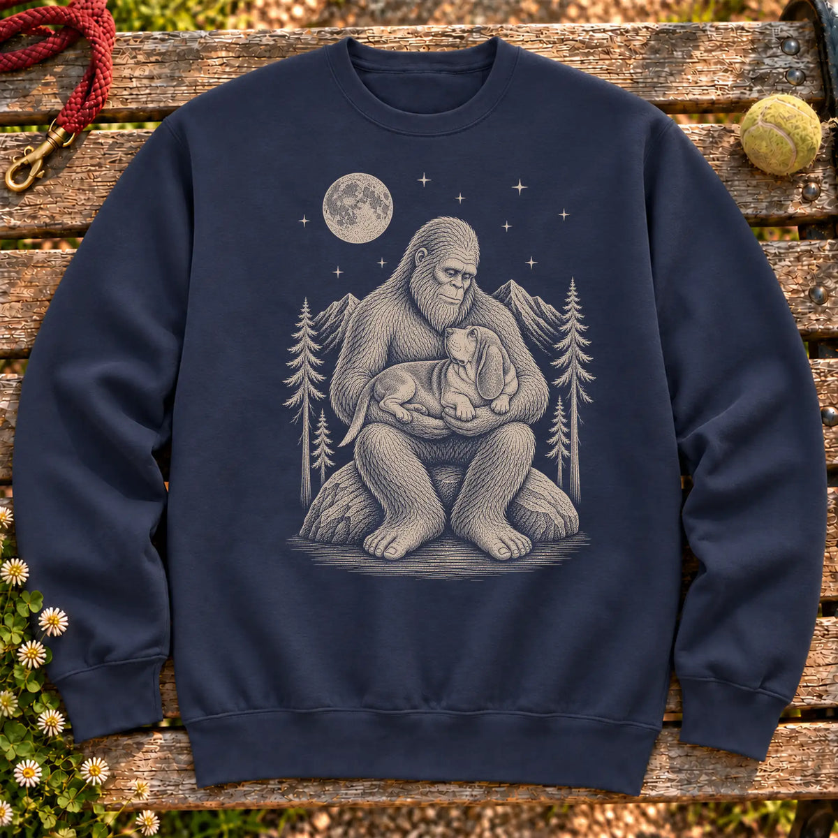 Basset Hound Bigfoot Holding on a Navy crewneck sweatshirt, shown flat