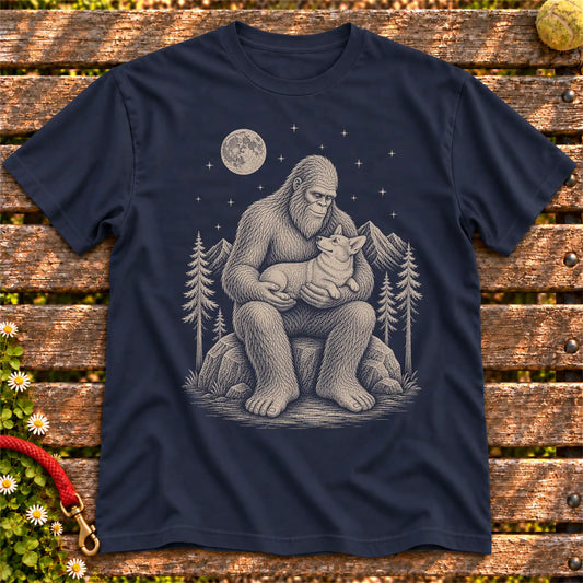 Corgi Bigfoot Holding on a Navy T-shirt, shown flat
