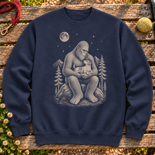 Jack Russell Bigfoot Holding on a Navy crewneck sweatshirt, shown flat