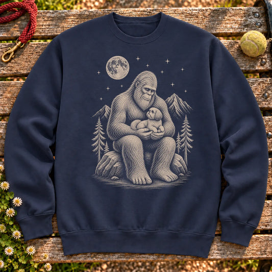 Shih Tzu Bigfoot Holding on a Navy crewneck sweatshirt, shown flat
