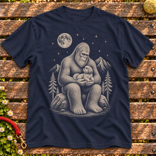 Shih Tzu Bigfoot Holding on a Navy T-shirt, shown flat