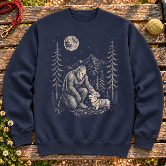 Corgi Bigfoot Petting on a Navy crewneck sweatshirt, shown flat