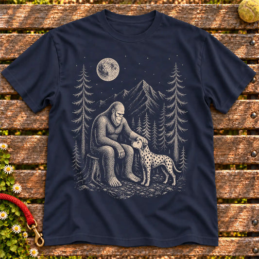 Dalmatian Bigfoot Petting on a Navy T-shirt, shown flat